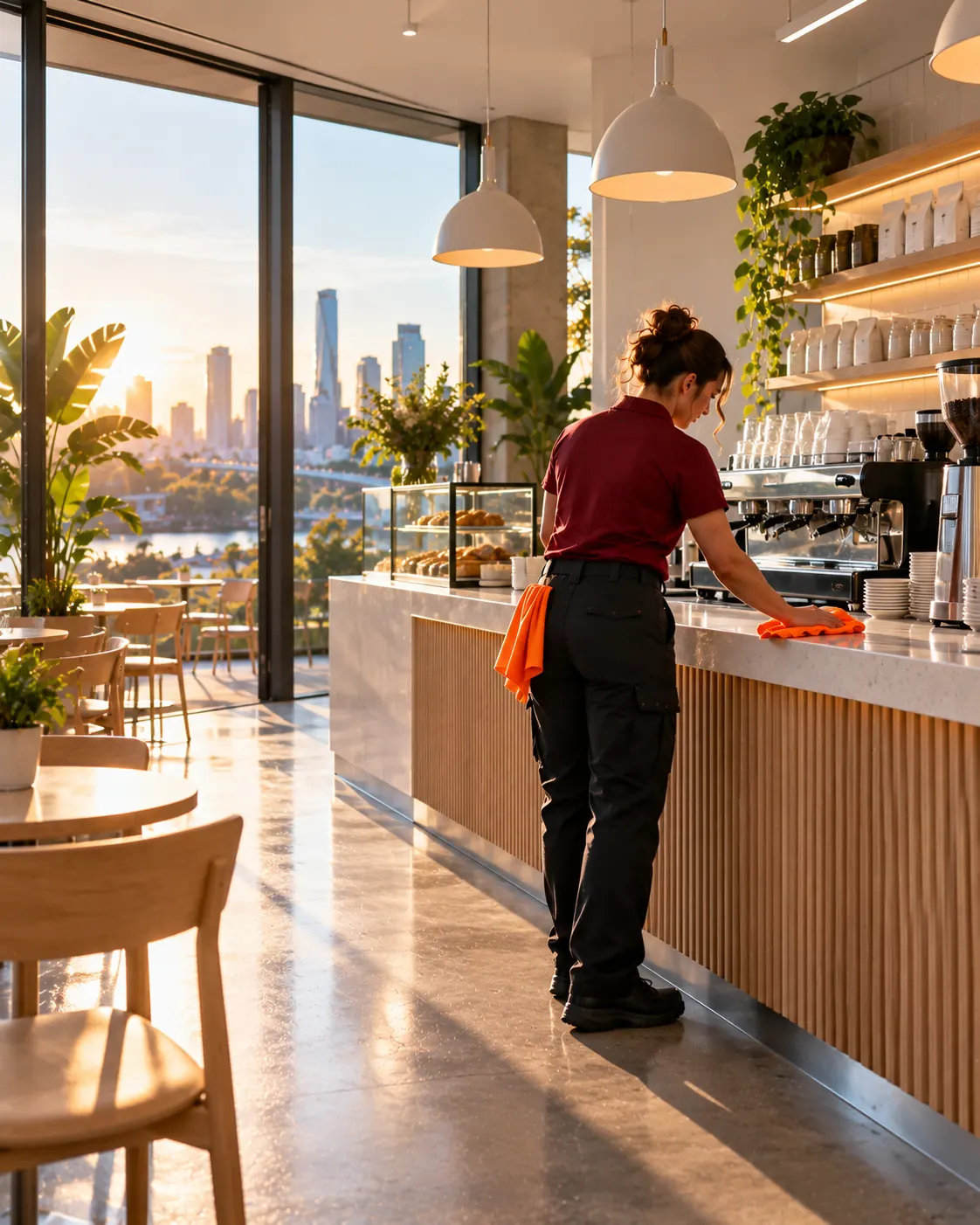 Cleaner wiping a café counter at sunrise