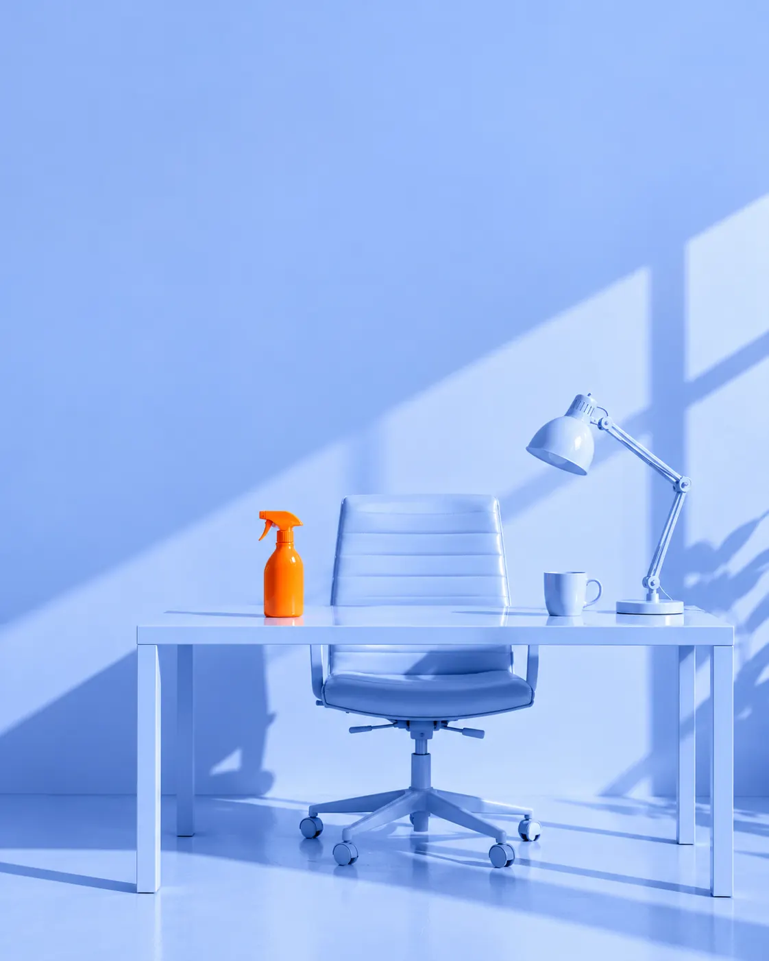 Powder-blue desk with an orange spray bottle