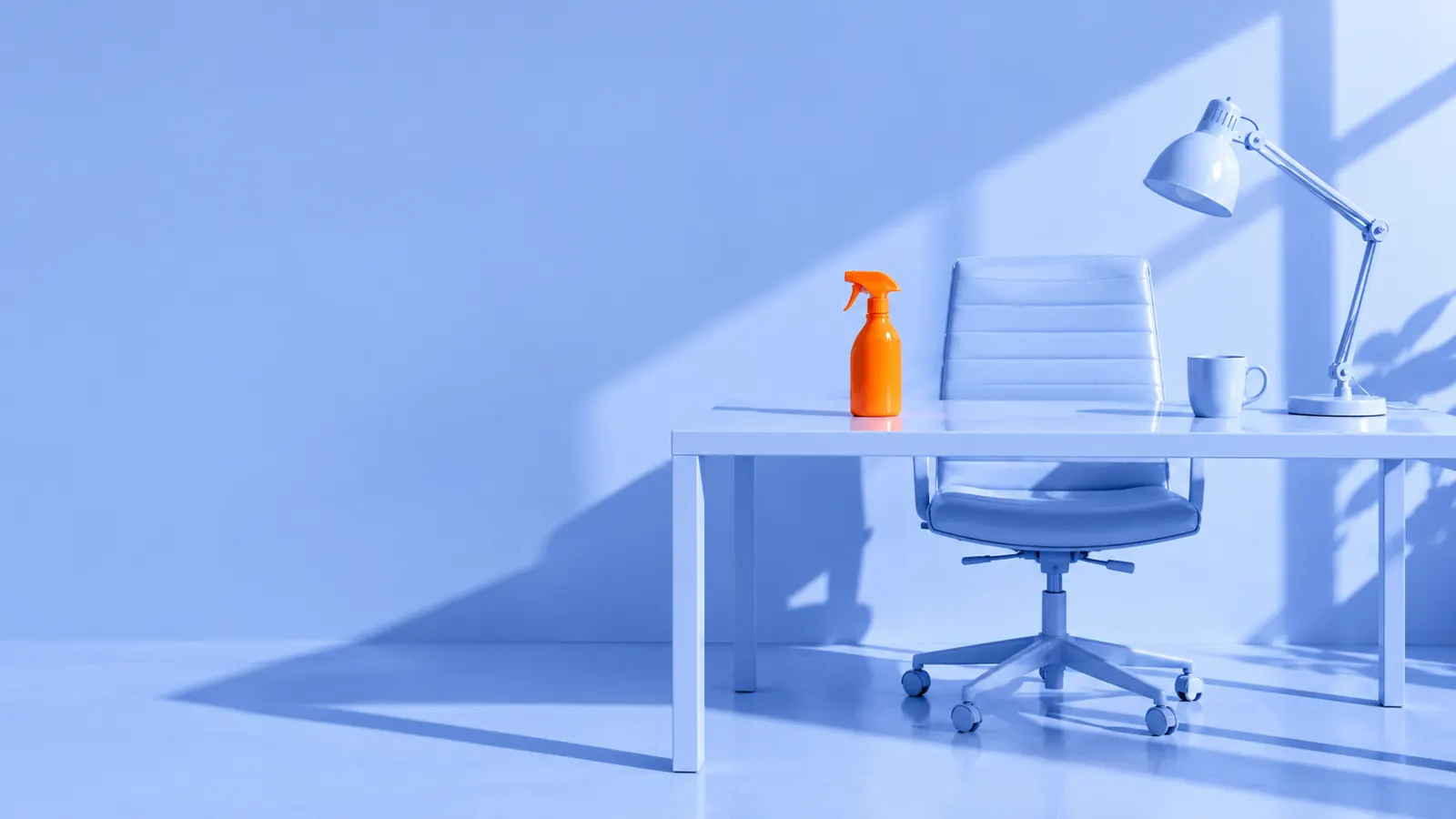 Powder-blue office desk set with a single orange spray bottle