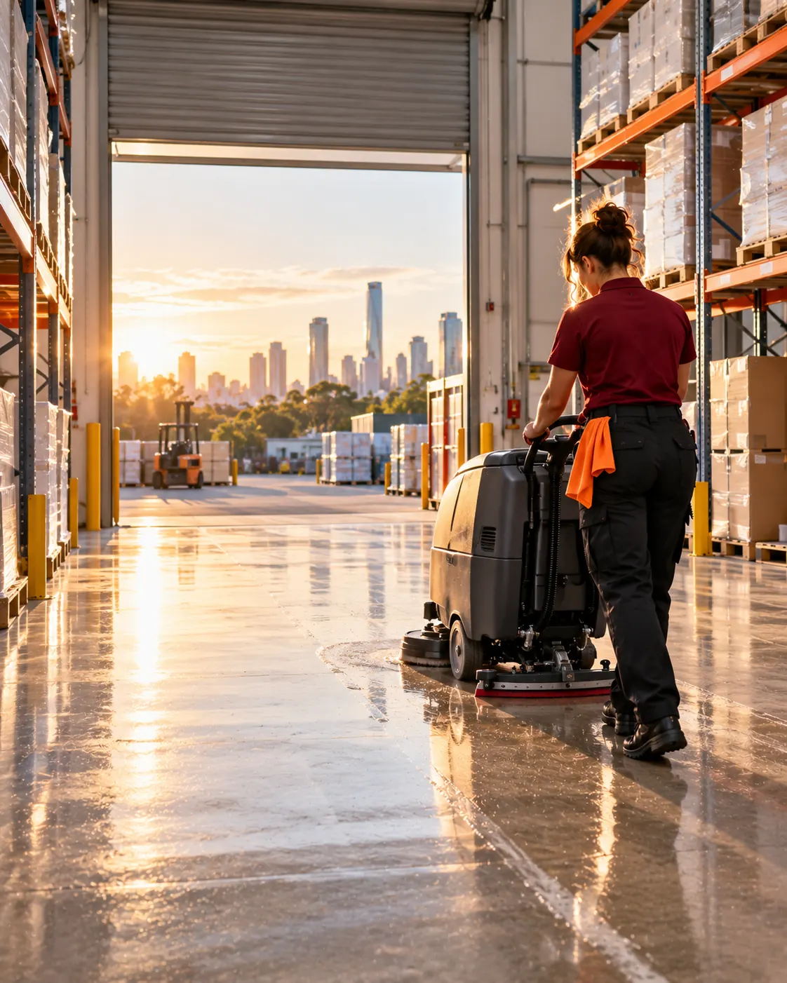 Cleaner scrubbing a polished concrete warehouse floor